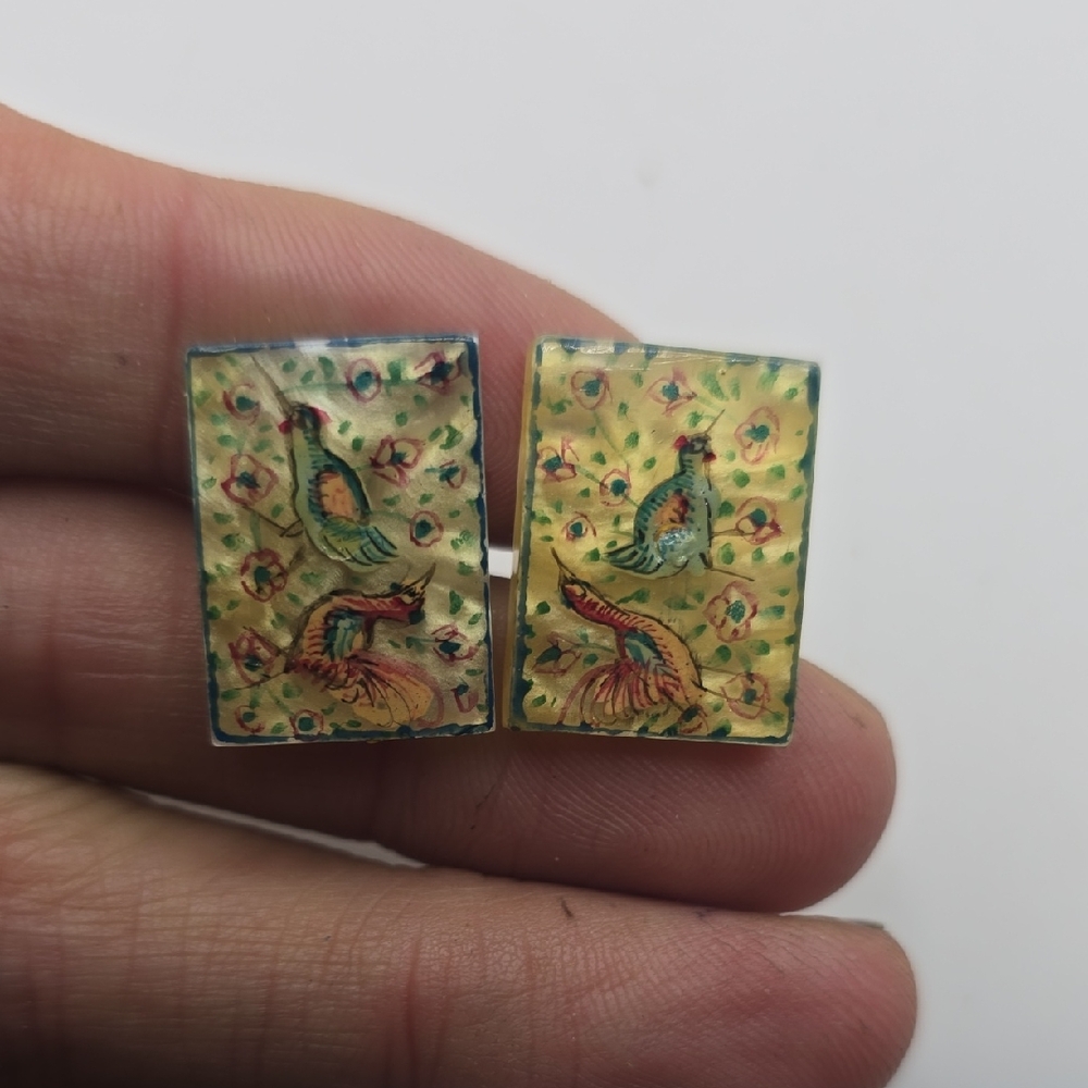 Vintage Hand Painted Rectangular Cufflinks With P… - image 1